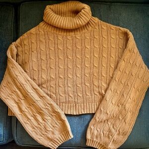 Cable Knit Cropped Turtleneck Sweater - Tan- Medium